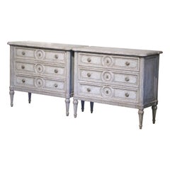 Pair of 19th Century Louis XVI Carved and Painted Three-Drawer Commodes Chests
