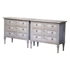 Used Pair of 19th Century Louis XVI Carved and Painted Three-Drawer Commodes Chests