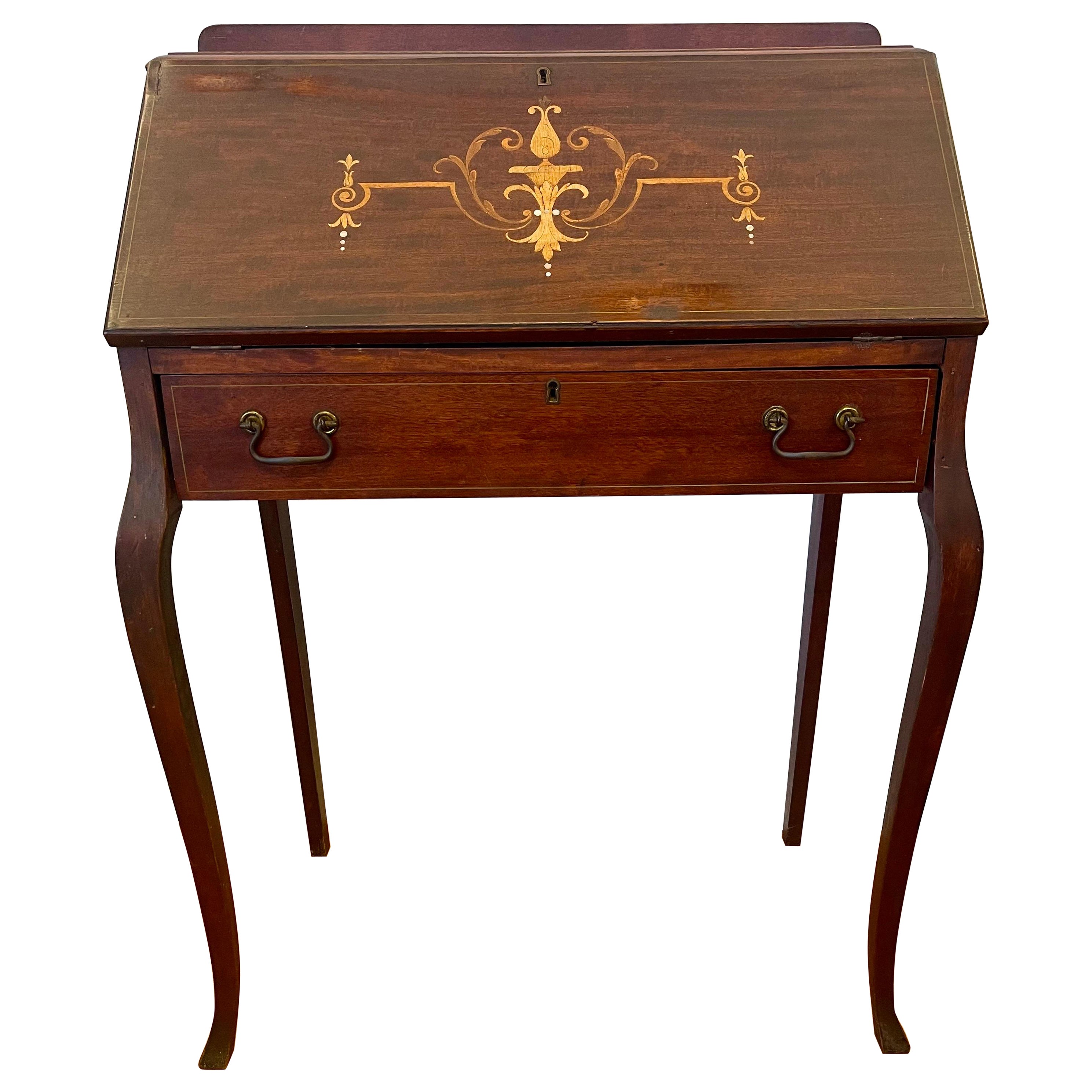 Petite Late 19th Century Queen Anne Slant Front Mahogany Desk Secretary Table