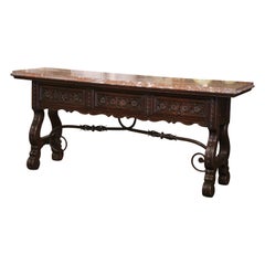 19th Century, Spanish Baroque Marble Top Carved Oak and Iron Console Table