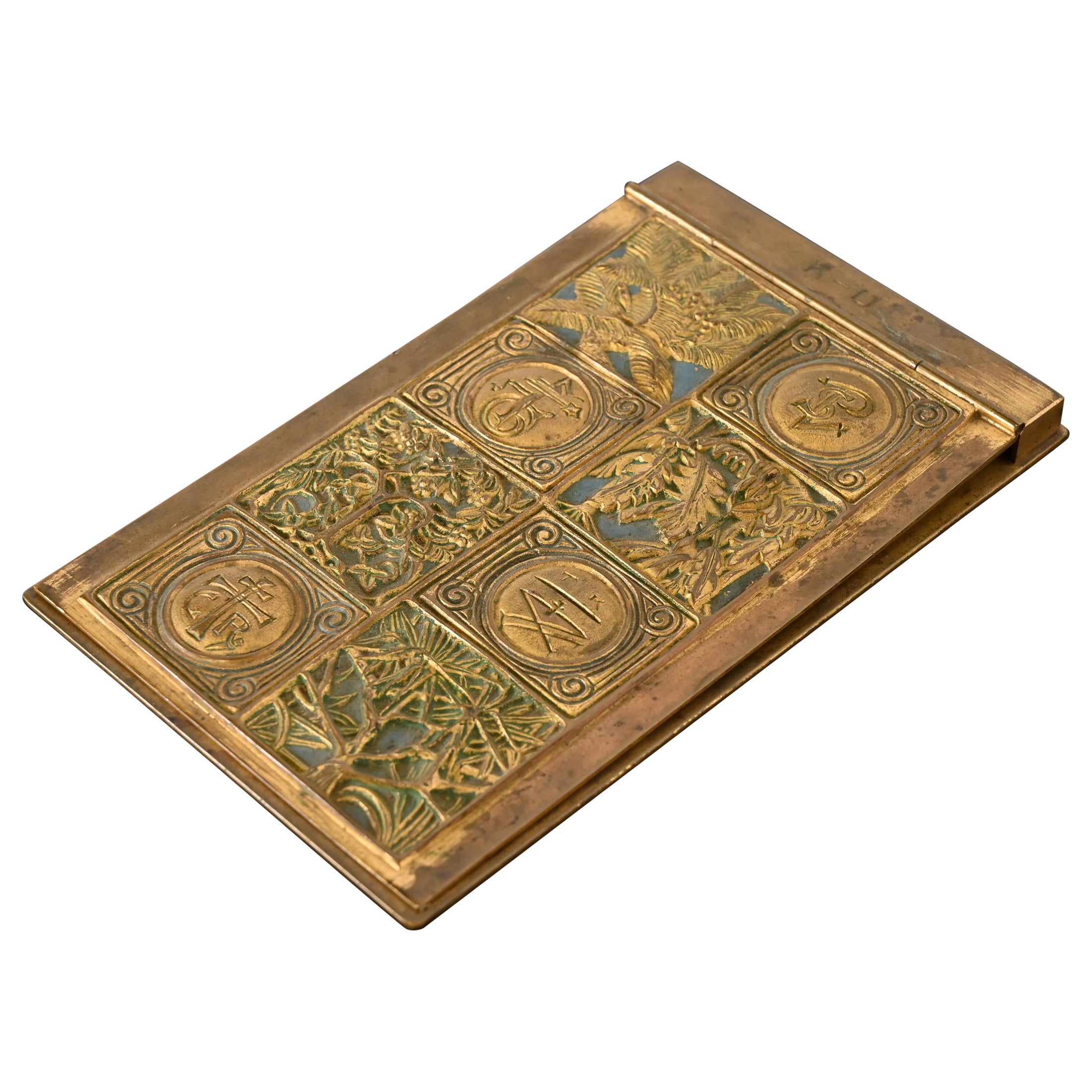 Tiffany Studios New York Pattern Bronze Doré Notepad Holder For Sale