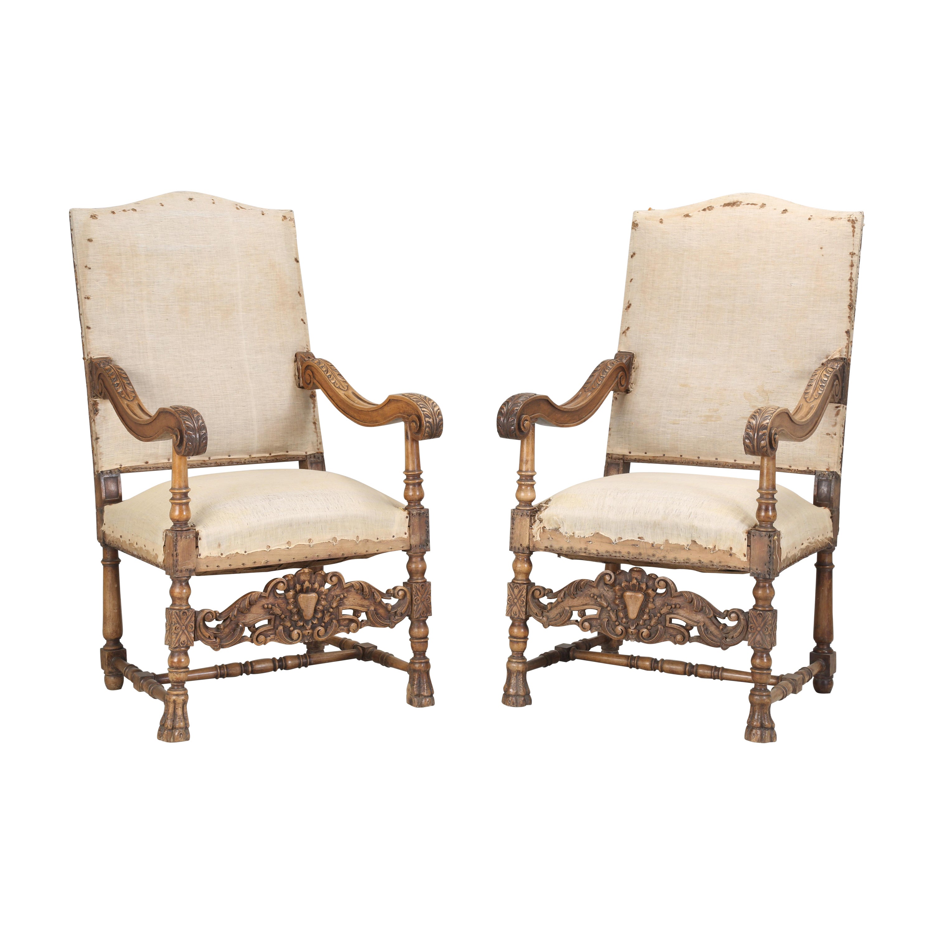 Antique Pair of Italian Armchairs Hand Carved Walnut Require Restoration, C1880s For Sale