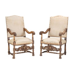 Antique Pair of Italian Armchairs Hand Carved Walnut Require Restoration, C1880s