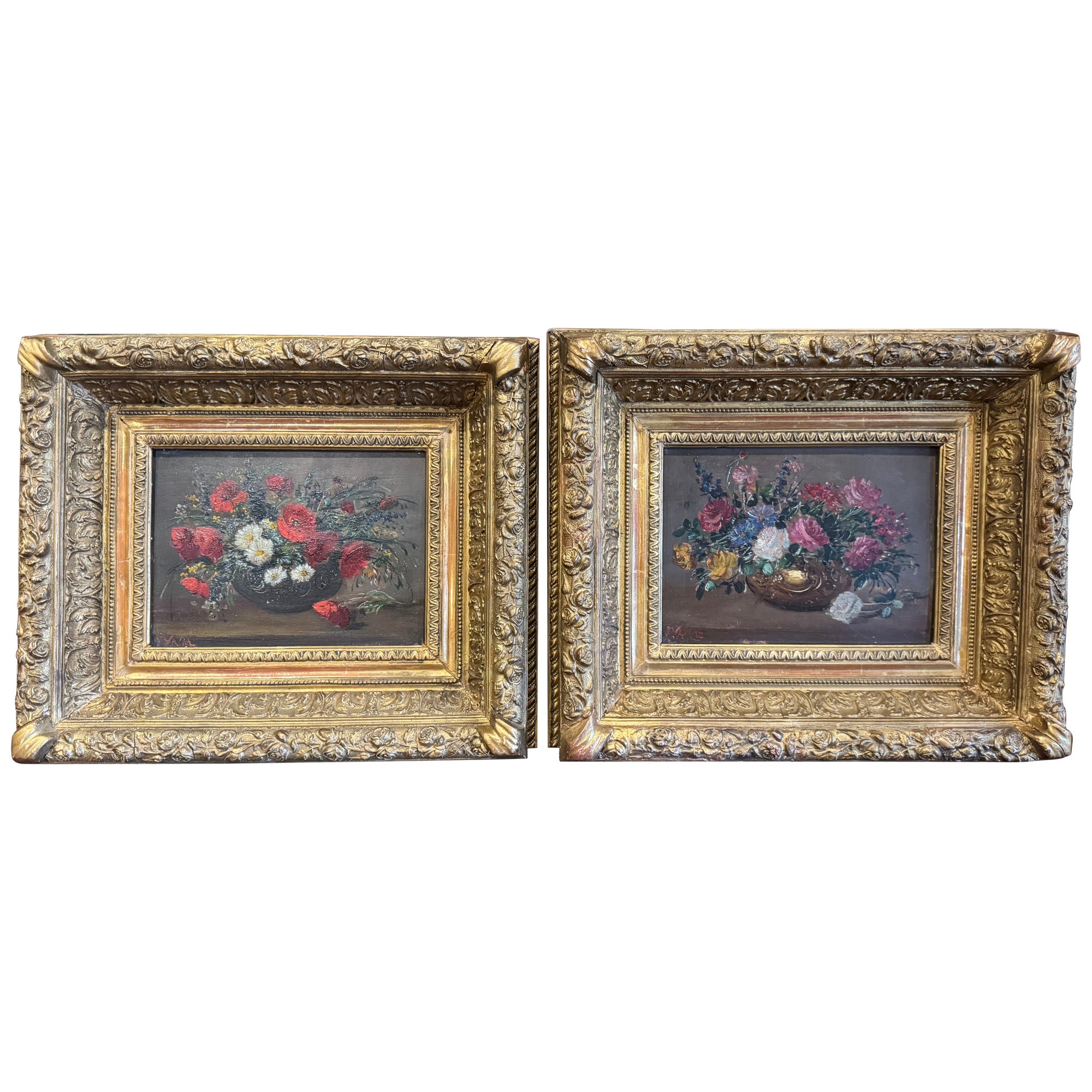 Pair of 19th Century French Still Life Floral Paintings in Carved Gilt Frames