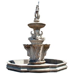 19th Century Large Circular Garden Fountain Neptune, Italian Limestone Fountain