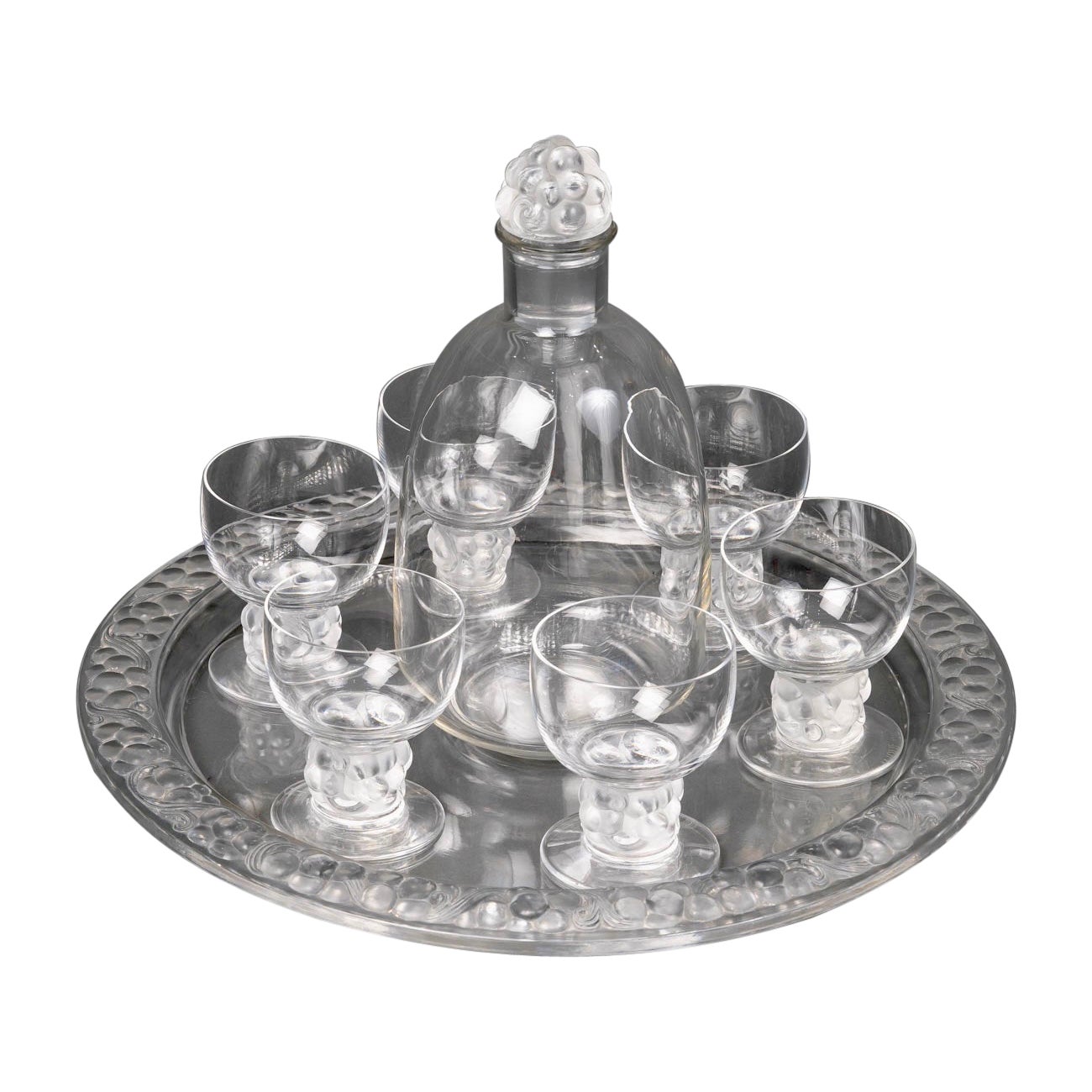 1931 Rene Lalique Set of Thomery 6 Glasses, Tray and Decanter For Sale