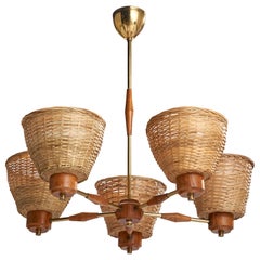 Swedish Designer, Chandelier, Teak, Brass, Rattan, Sweden, 1950s