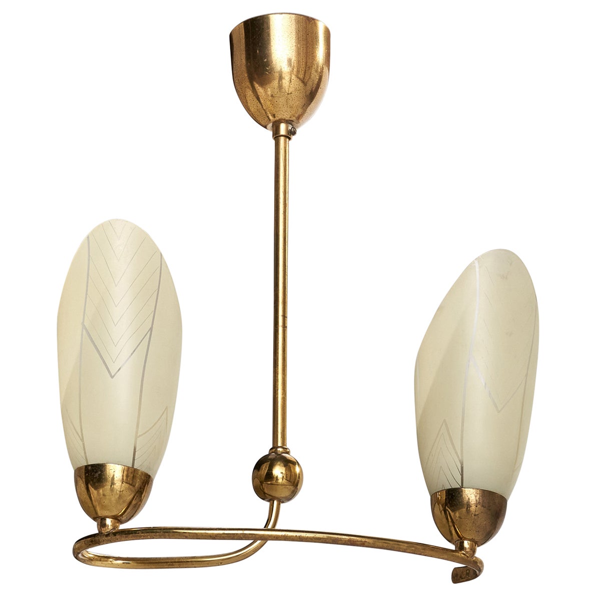 French Designer, Chandelier, Brass, Glass, France, 1950s For Sale