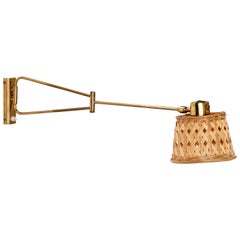 Vintage Rene Mathieu, Wall Light, Brass, Rattan, France, 1950s