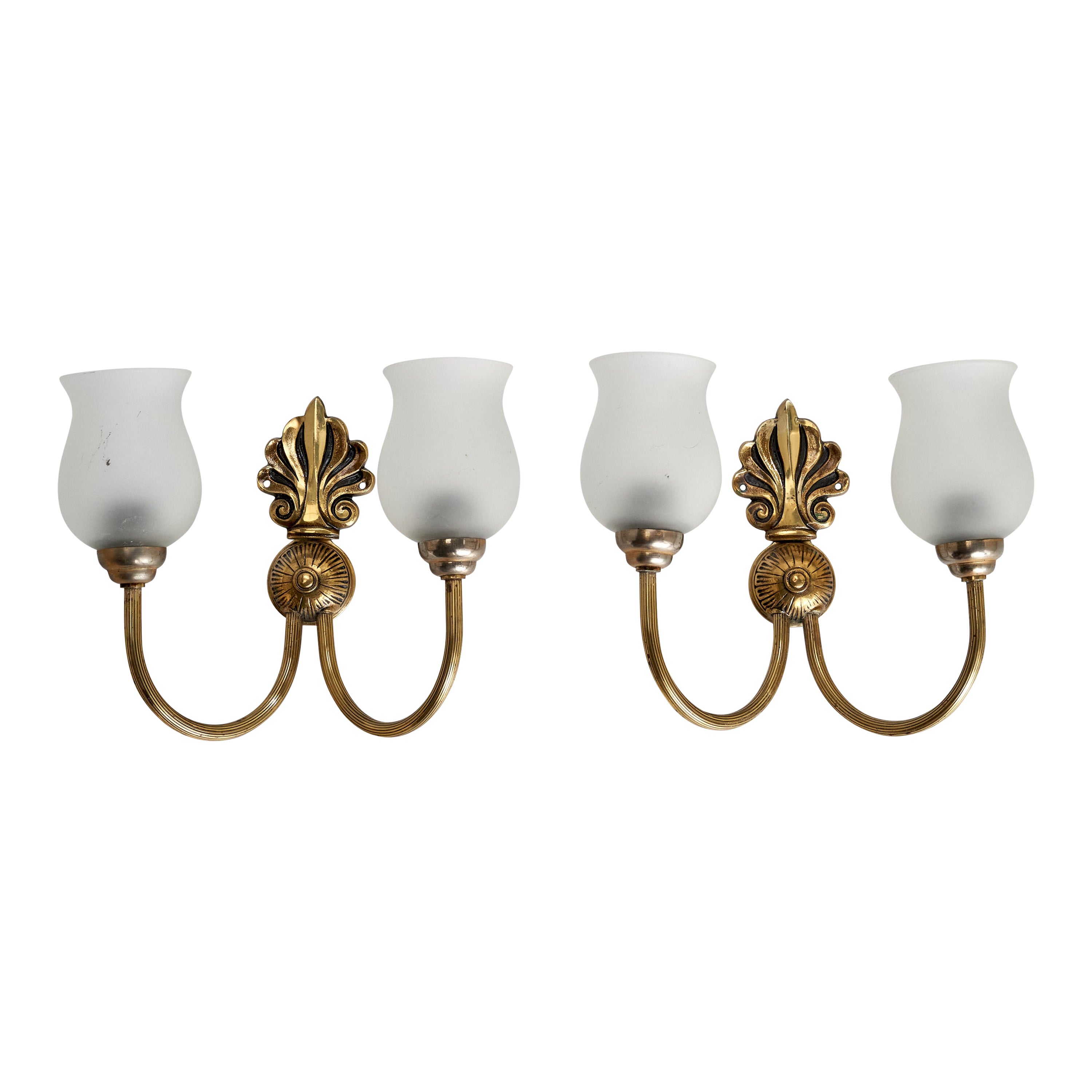 French Designer, Wall Lights, Brass, Glass, France, 1950s For Sale