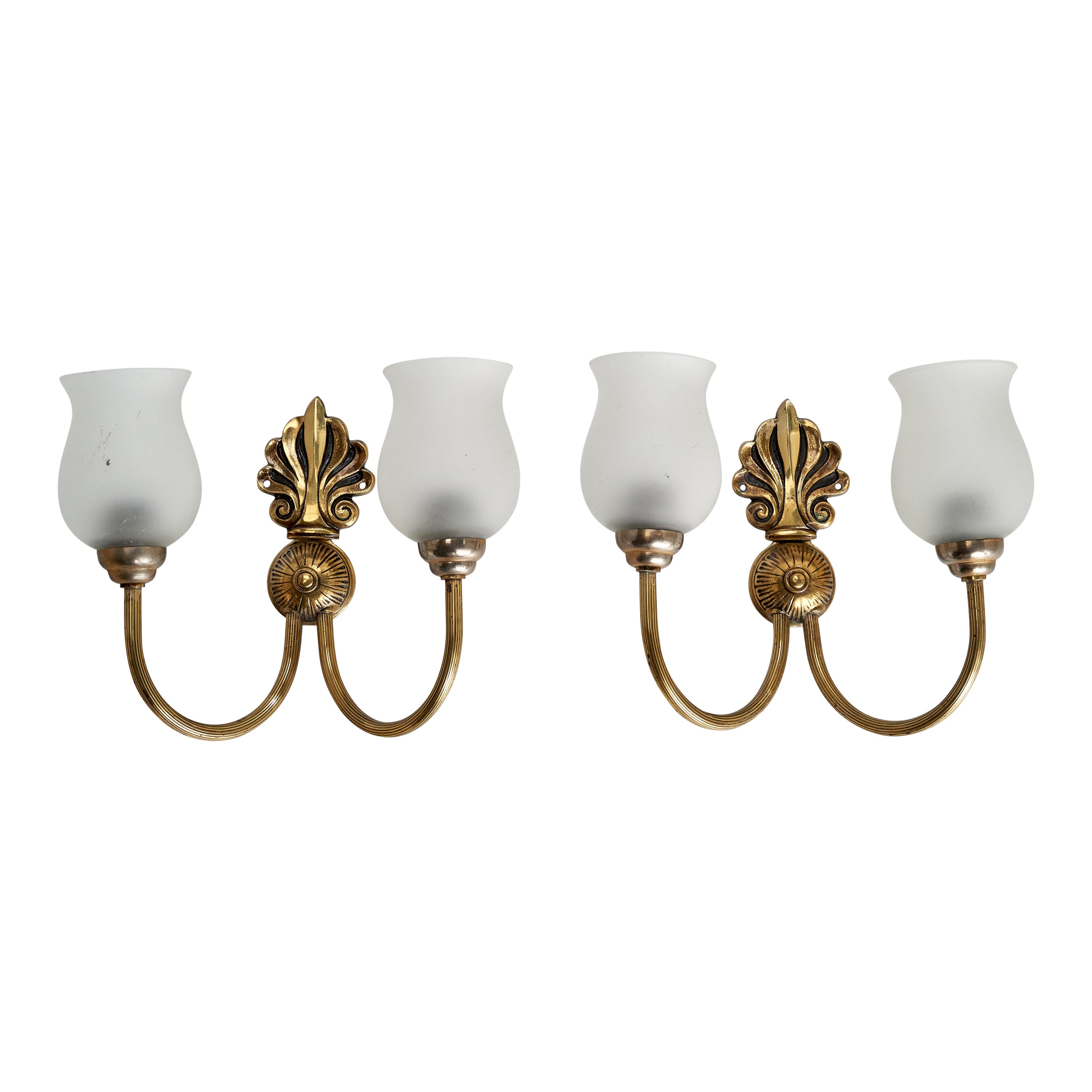 French Designer, Wall Lights, Brass, Glass, France, 1950s