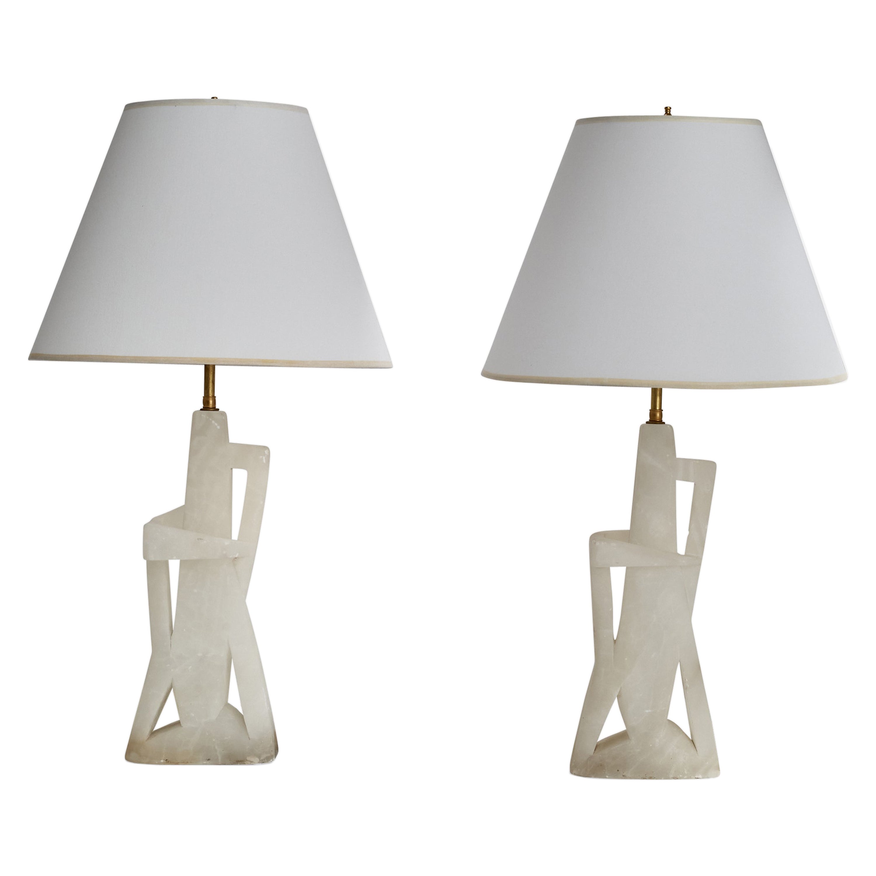 Maurizio Tempestini, Table Lamps, Alabaster, Brass, Fabric, Italy, 1965 For Sale