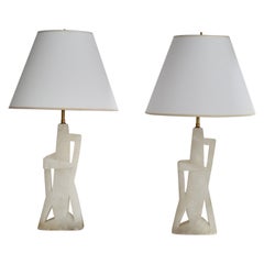 Vintage Maurizio Tempestini, Table Lamps, Alabaster, Brass, Fabric, Italy, 1965