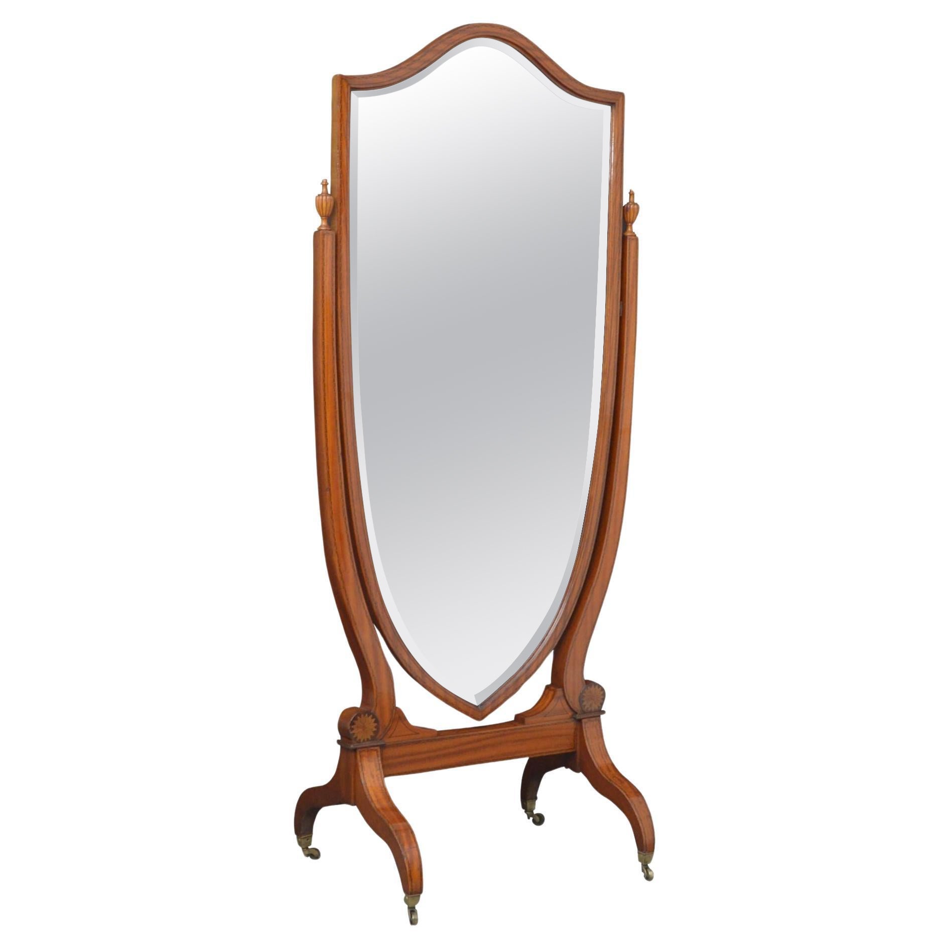 Elegant Edwardian Inlaid Satinwood Cheval Mirror For Sale