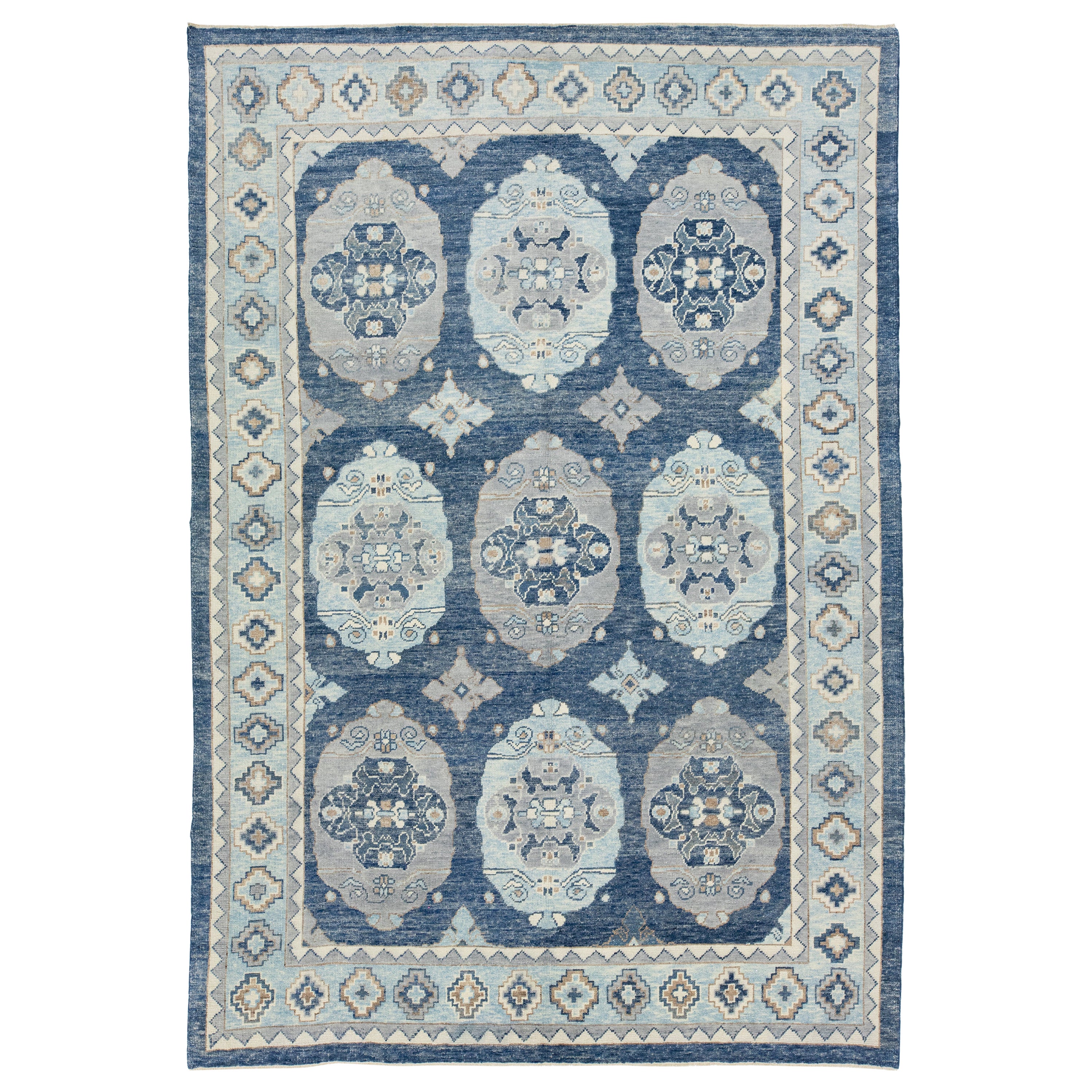 Allover Designed Modern Wool Rug Turkish Oushak In Blue For Sale