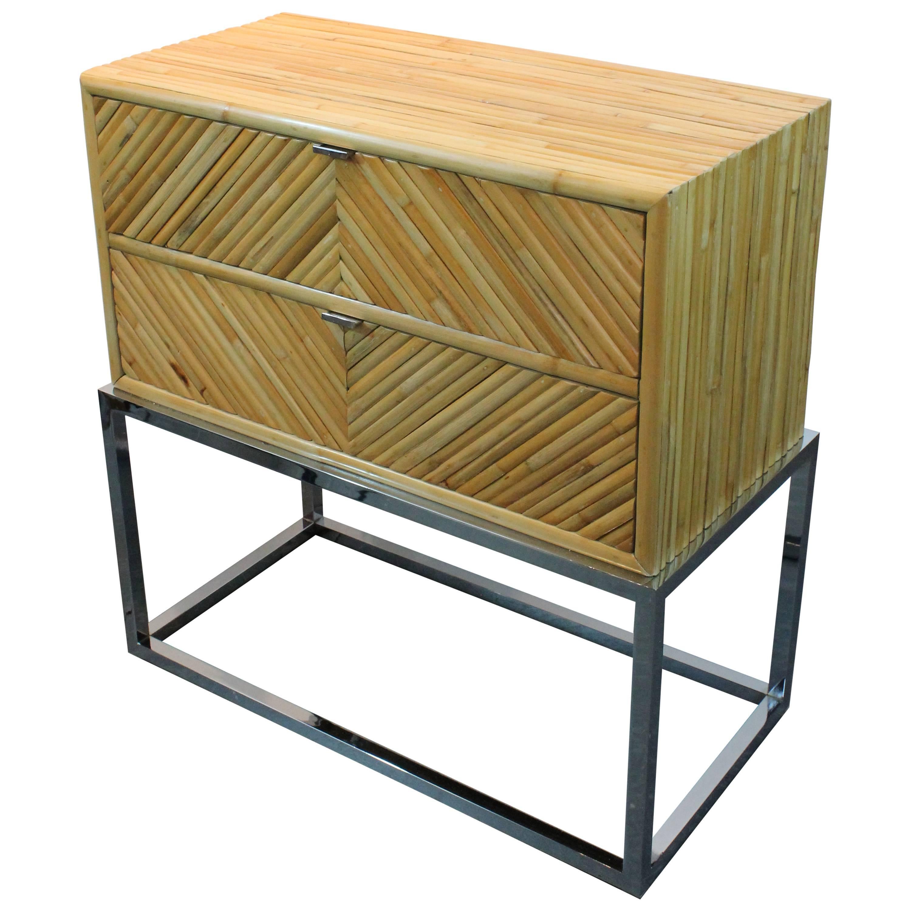 Milo Baughman Split Bamboo and Chrome Two Drawered Cabinet For Sale