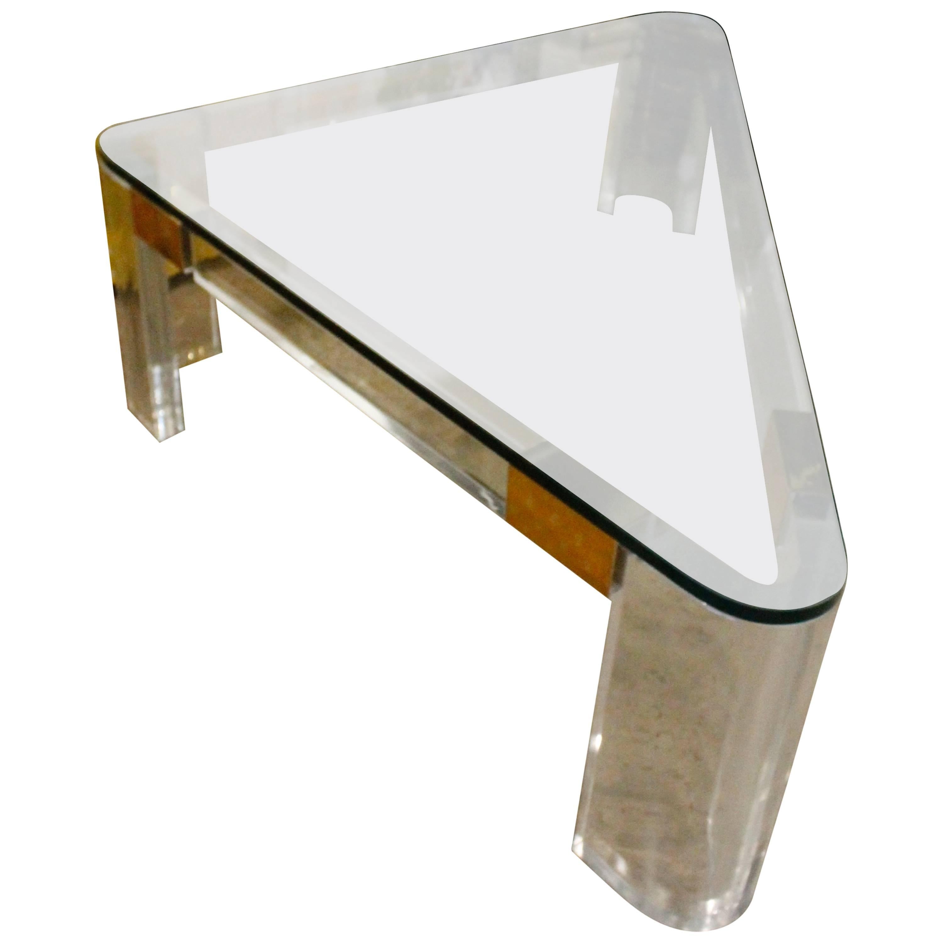 Charles Hollis Jones Lucite and Brass Triangle Coffee or Cocktail Table For Sale