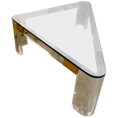 Charles Hollis Jones Lucite and Brass Triangle Coffee or Cocktail Table