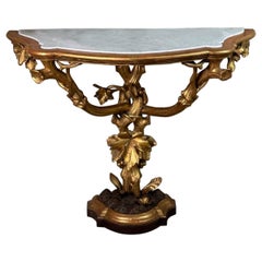 Antique Console In Carved And Gilded Wood In Imitation Of Natural Wood, Italy Circa 1880