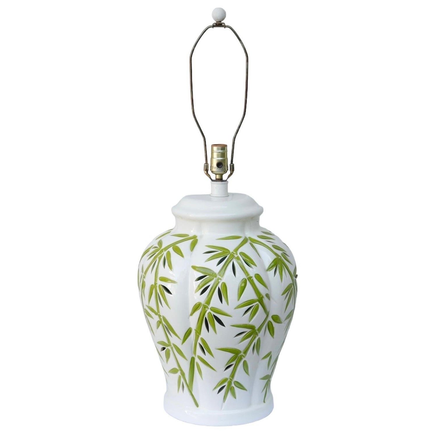 Large Ceramic White & Green Bamboo Table Lamp For Sale