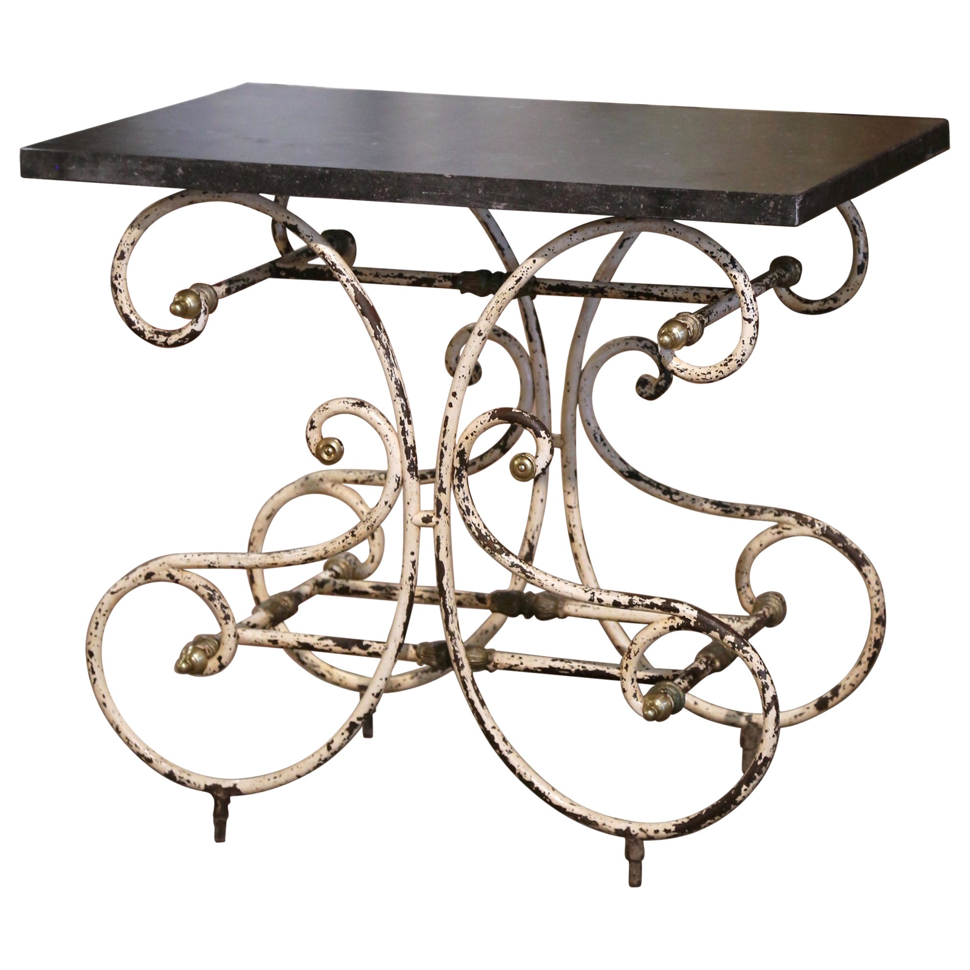 18th Century French Marble Top Painted Iron Pastry Table with Bronze Mounts