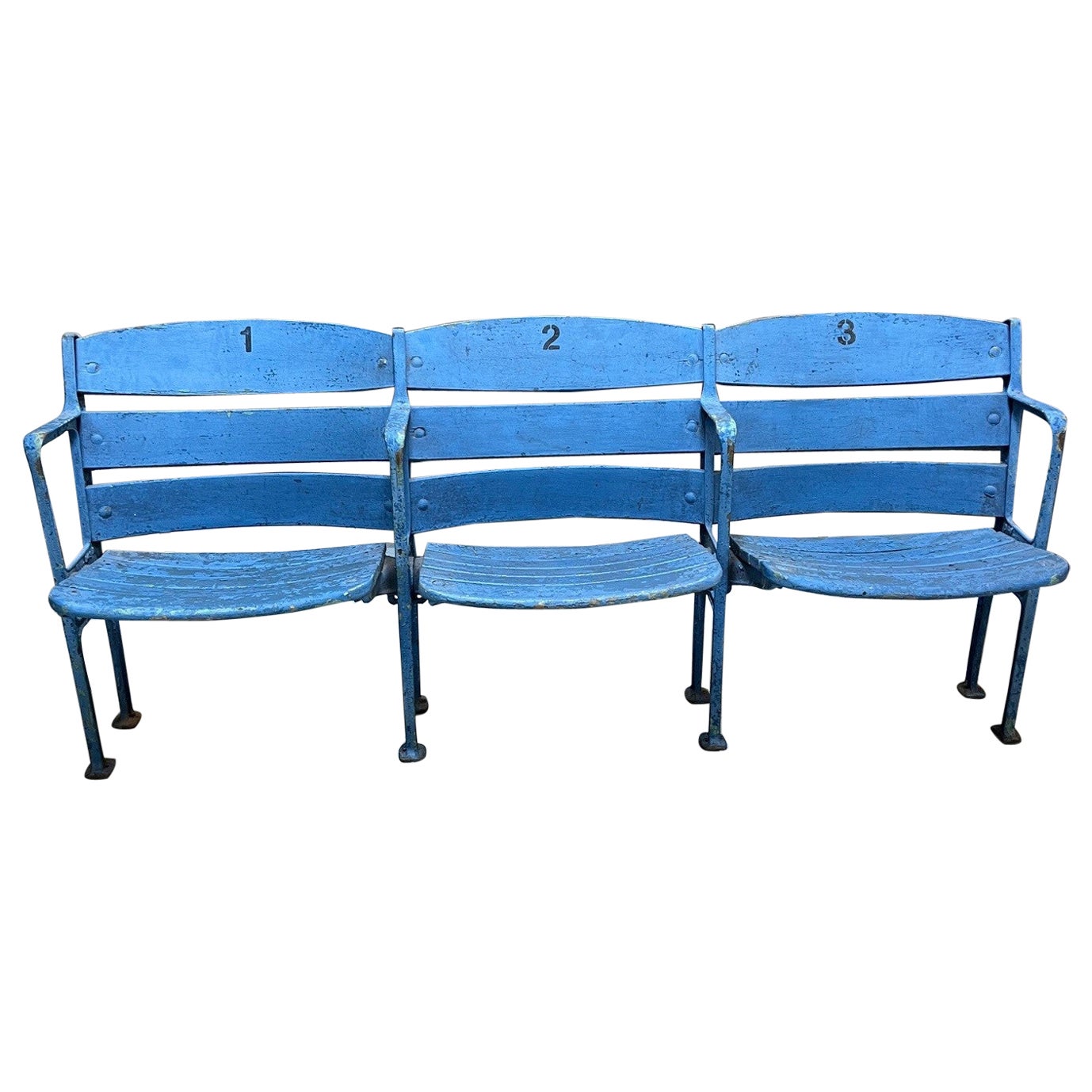 3 Original Yankee Stadium Wooden Curved Back Seats, Unrestored, Freestanding