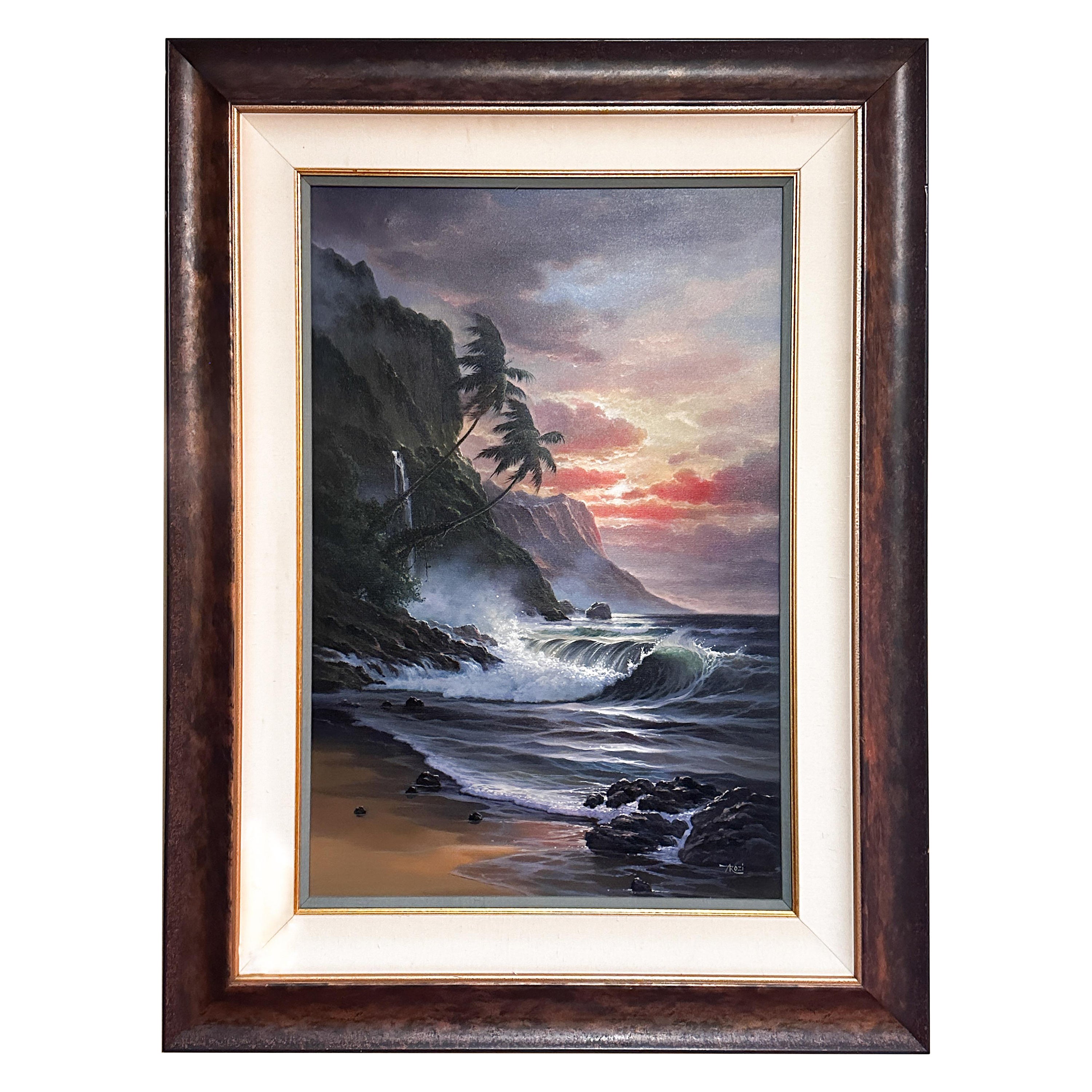 Arozi Gran cuadro original al óleo de paisaje "Paraíso al atardecer en venta
