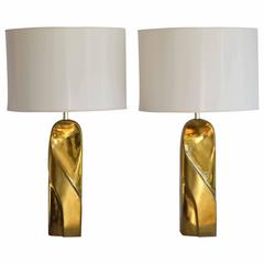 Pair of Postmodern Polished Brass Table Lamps