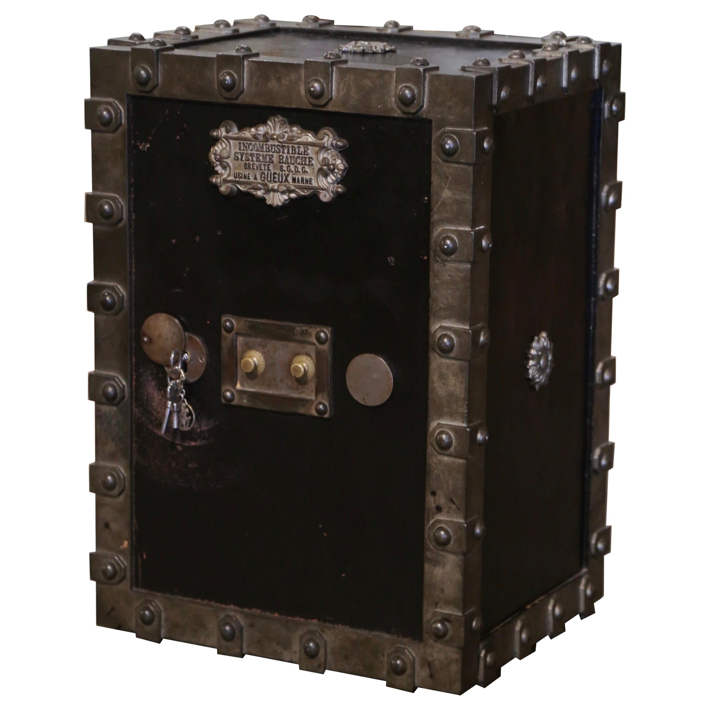 Caja fuerte francesa de hierro fundido pulido del siglo XIX con llave y combinación de dos letras