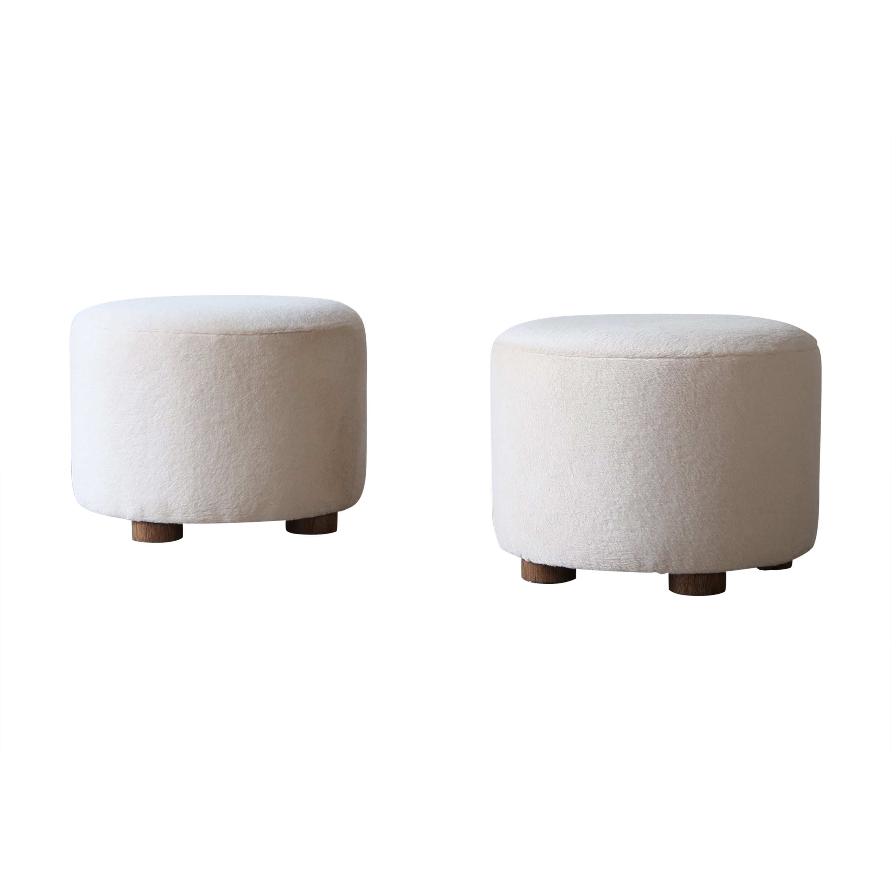 Pair of Low Round Ottomans / Footstools in Pure Alpaca For Sale