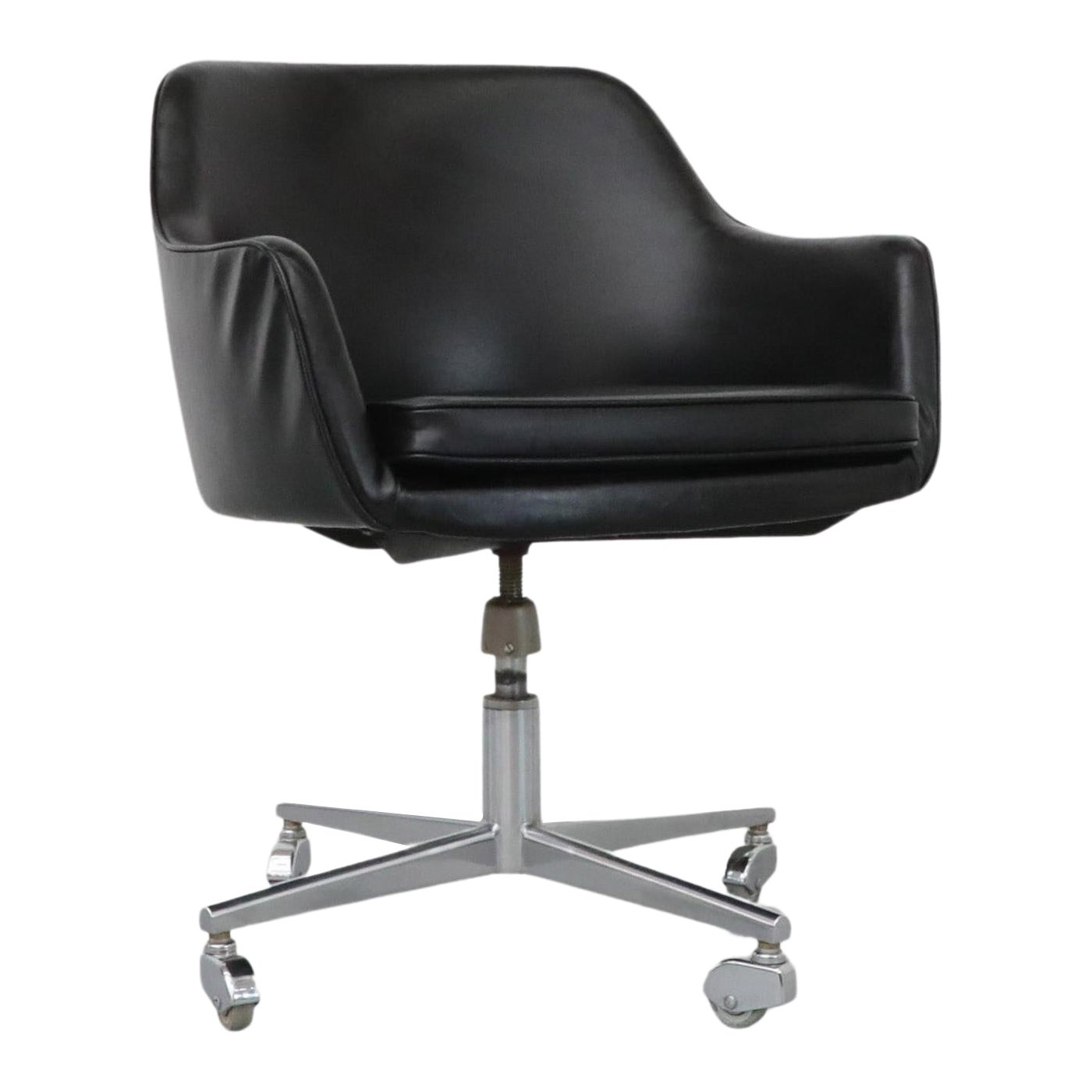 Saarinen Style Black Faux Leather Rolling Office Chair w/ Newly Upholstered Seat