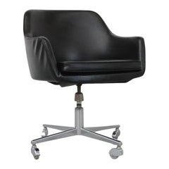 Saarinen Style Black Faux Leather Rolling Office Chair w/ Newly Upholstered Seat