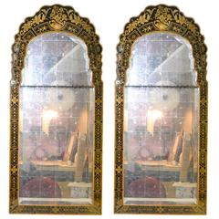Pair of Beveled Mirrors in Black, Gold Reverse Painted Frames by Modern History