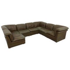 Used Mid-Century De Sede Style Seven Piece Moss Green Leather Modular Sectional Sofa