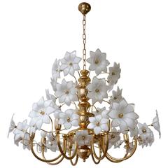 Huge Brass and Murano Glass Flowers Chandelier 8