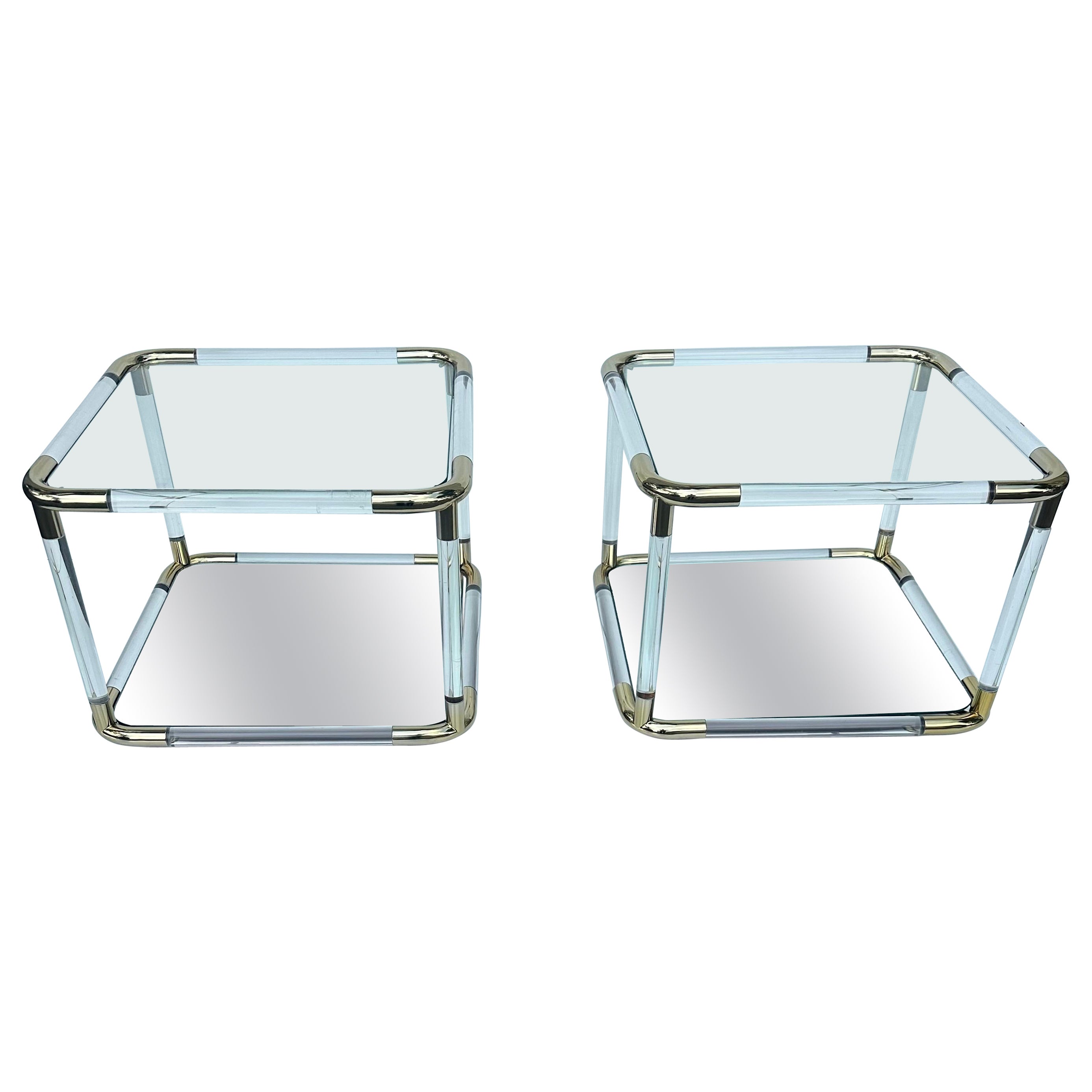 Charles Hollis Jones  Style Pair of lucite and Brass Side Tables For Sale