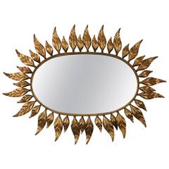 Midcentury Oval Mirror with Gilded Leaf Form Sunburst Frame 9
