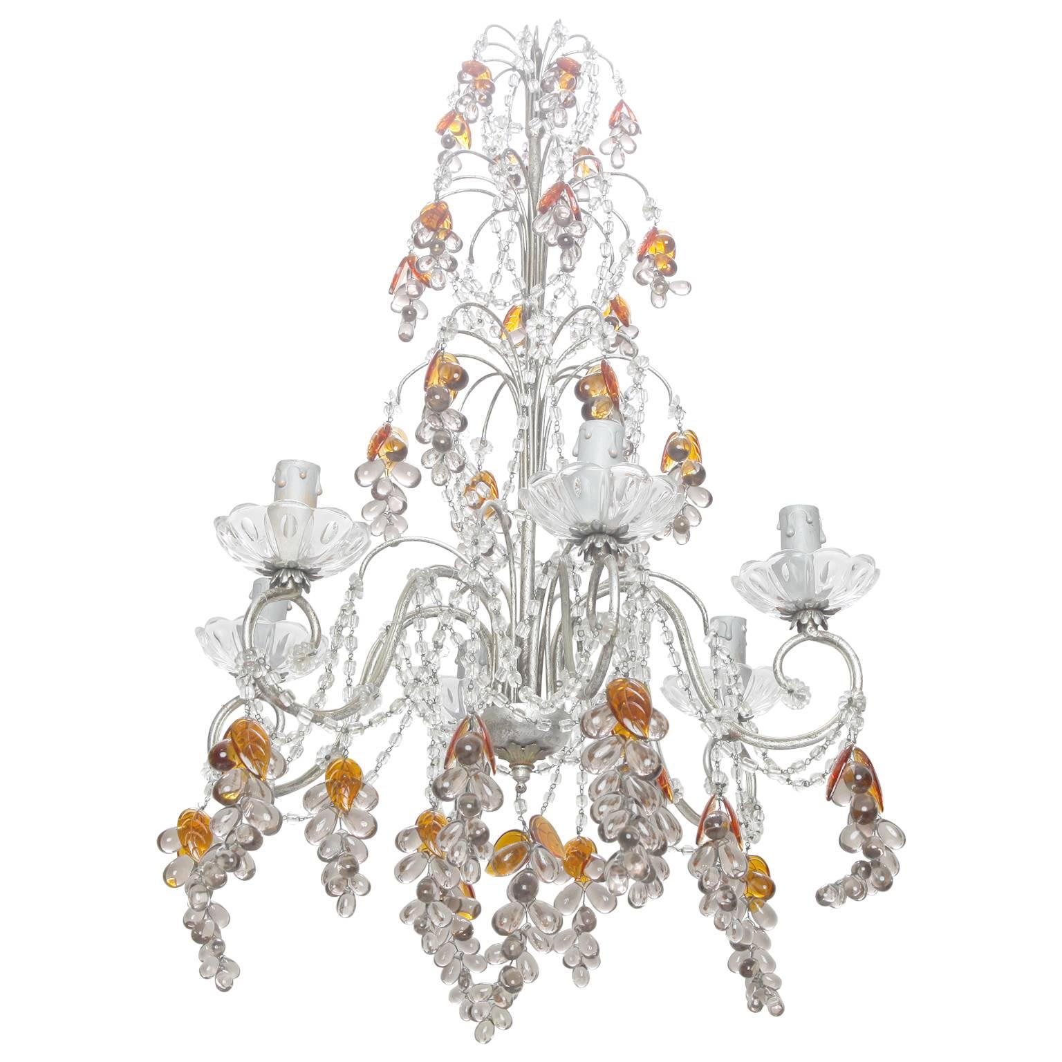 Six-Light Chandelier with Crystal Beads and Glass Grapes For Sale