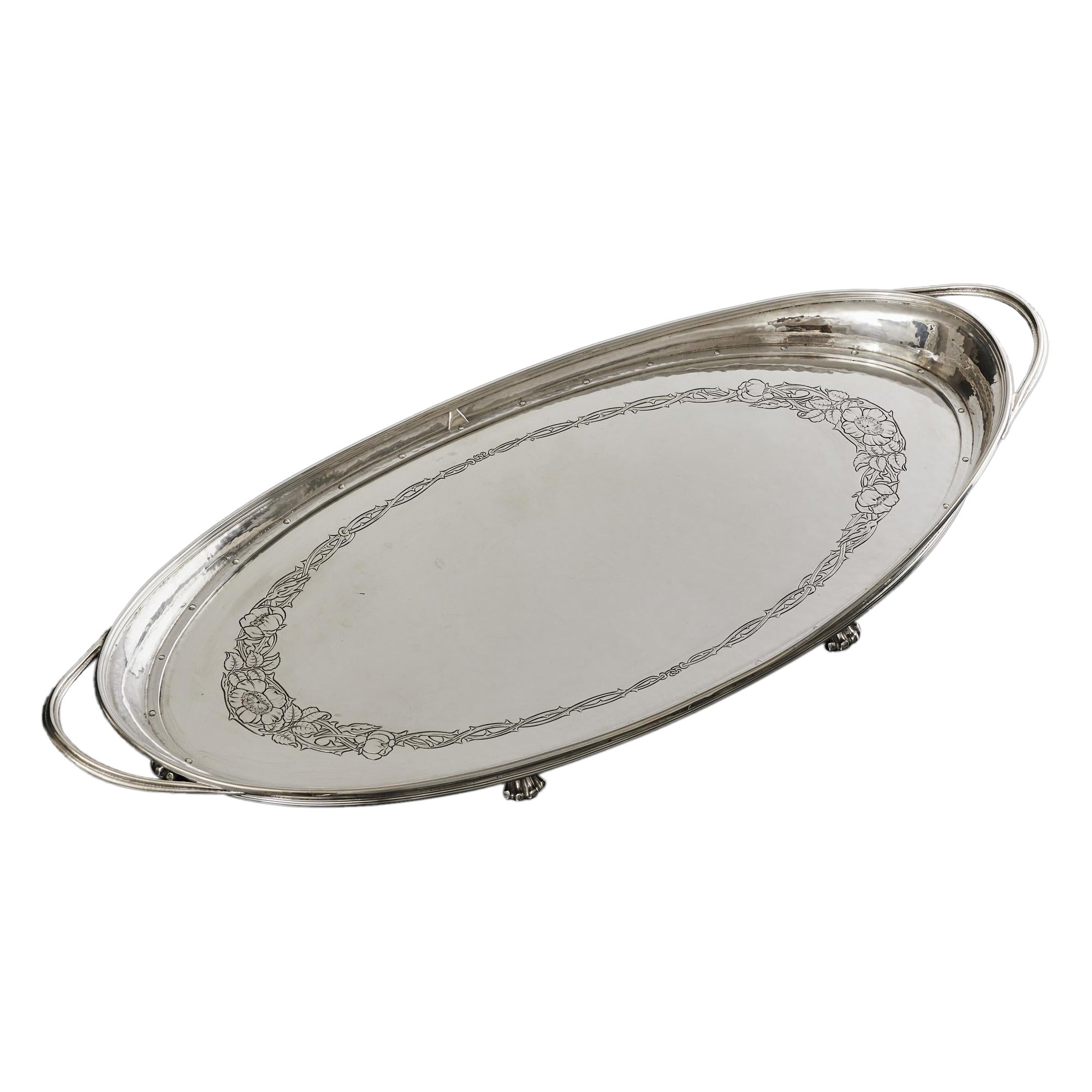 Two-handled navette-shaped silver serving tray For Sale