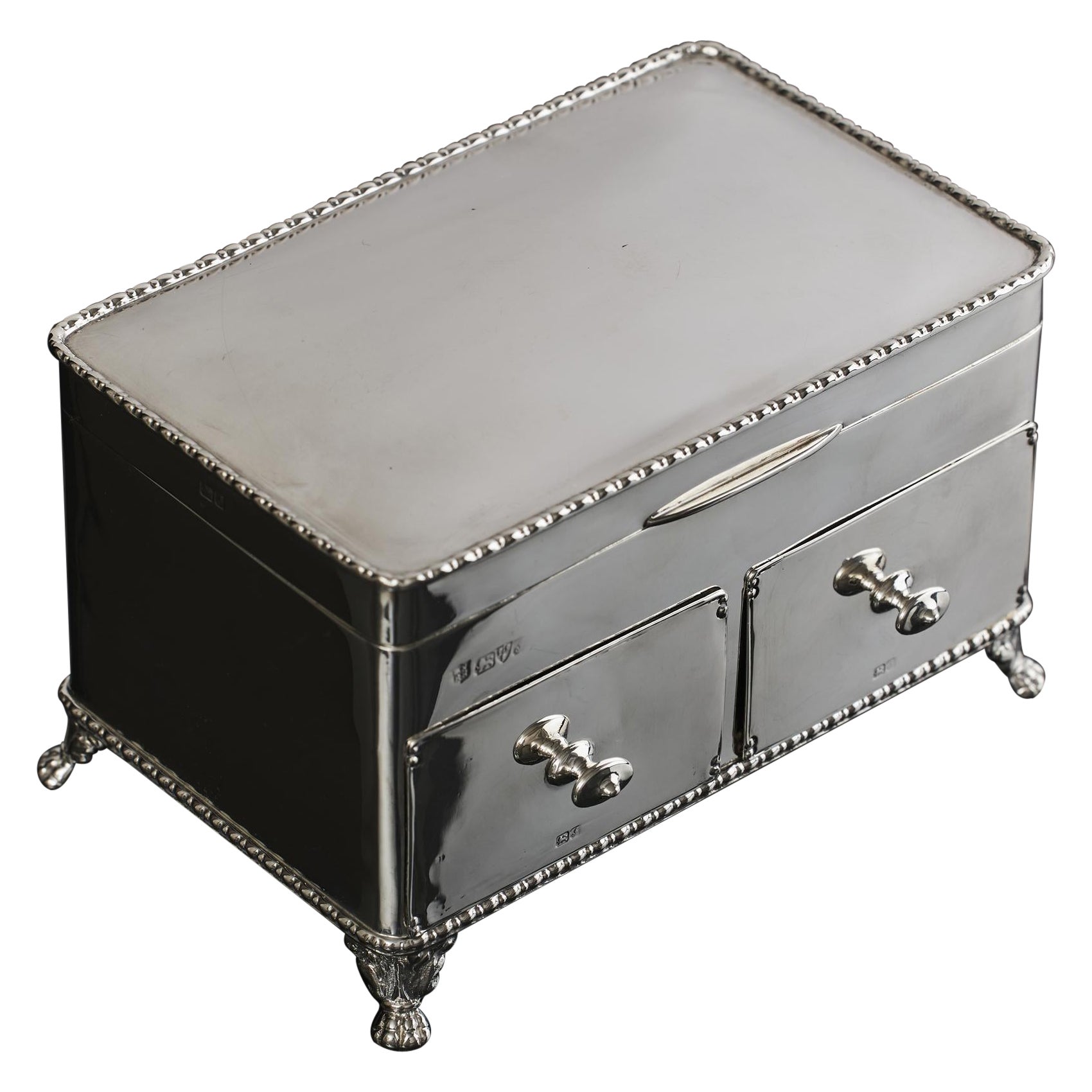 Handmade Edwardian silver jewellery box with drawers For Sale