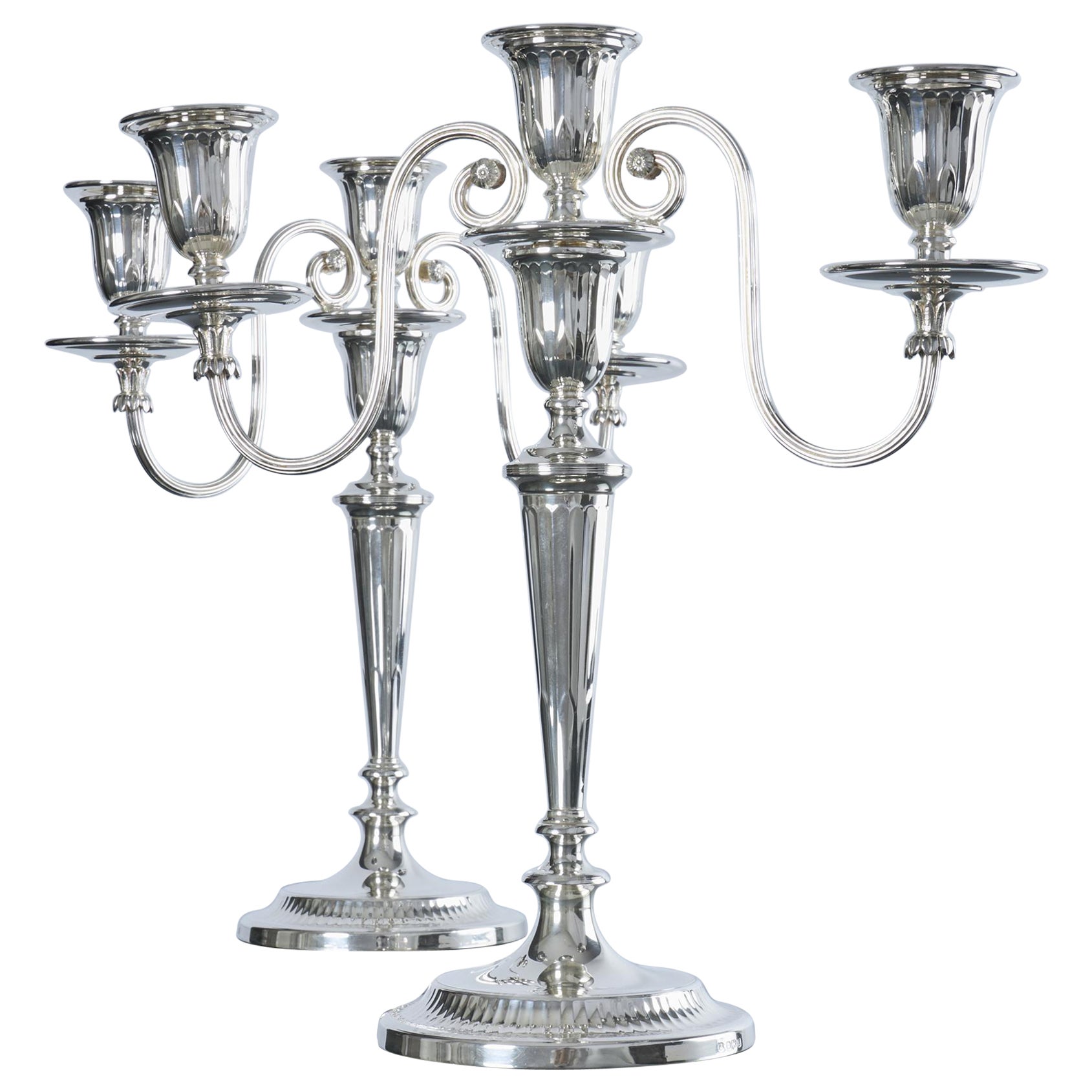 Pair of 2-branch 3-light neoclassical-style silver candelabra For Sale