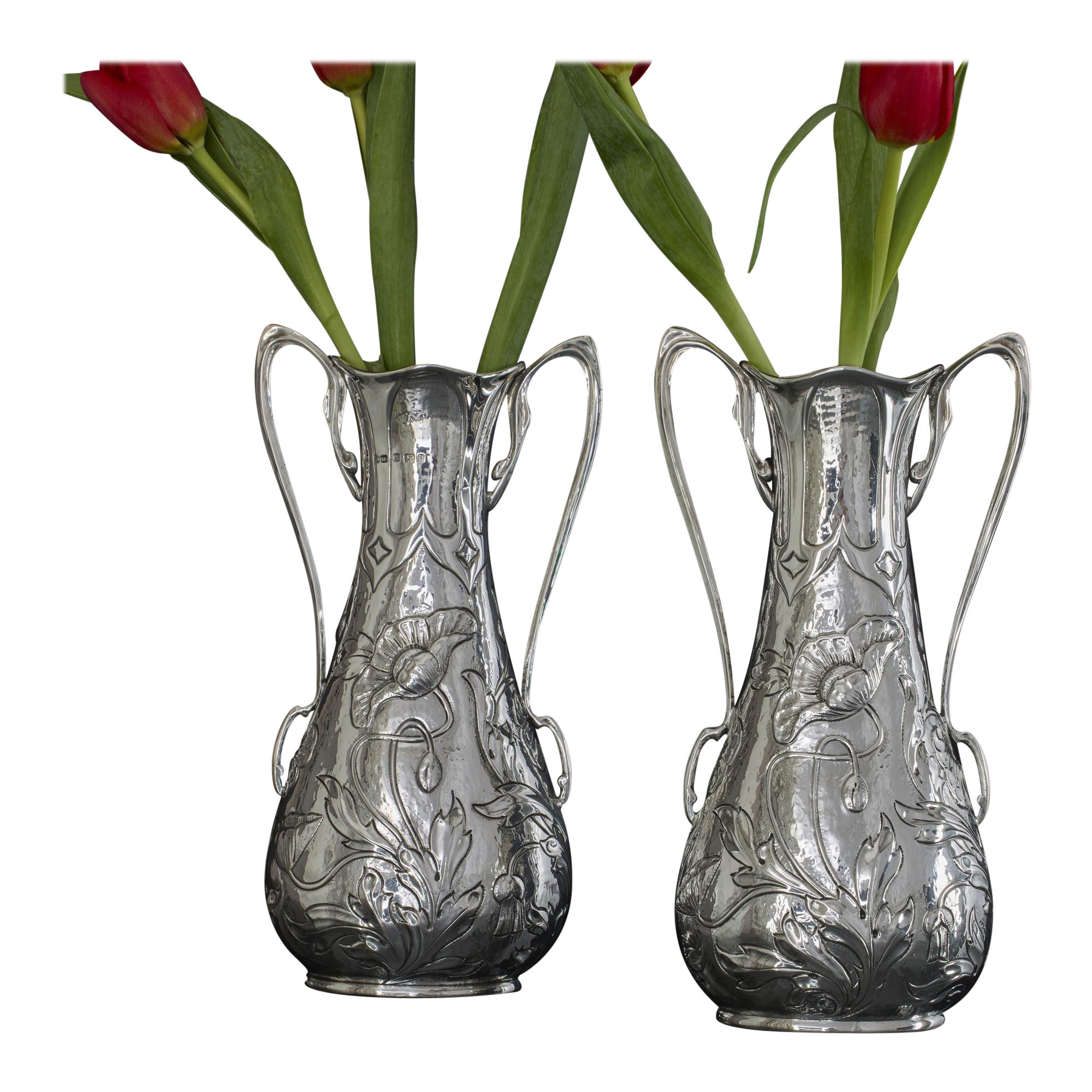 Pair of Art Nouveau silver vases For Sale