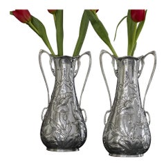 Antique Pair of Art Nouveau silver vases