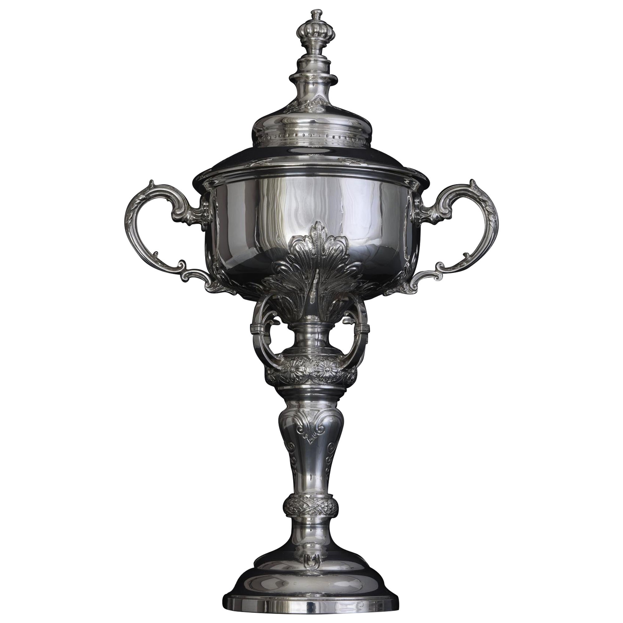Two-handled handmade silver trophy cup & cover For Sale