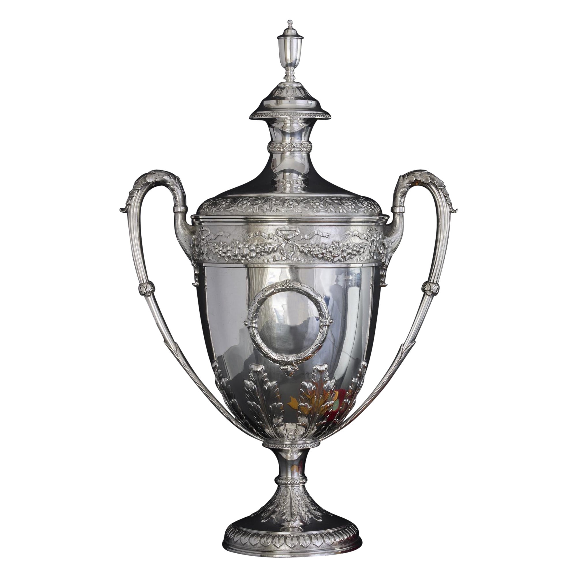 Large two-handled antique silver trophy cup & cover For Sale