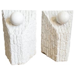 Retro Postmodern Painted White Tessellated Stone Table Bases - a Pair