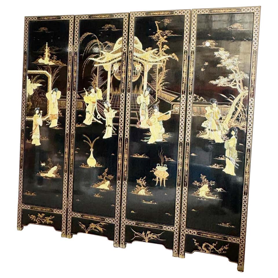 Vintage Chinese Black Lacquer Asian Fireplace Screen Fire Screen vintage-chinese-black-lacquer-asian-fireplace-screen-fire-screen