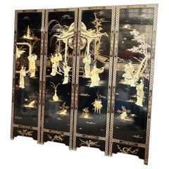 Vintage Chinese Black Lacquered Gold and Stone Room Divider/Screen