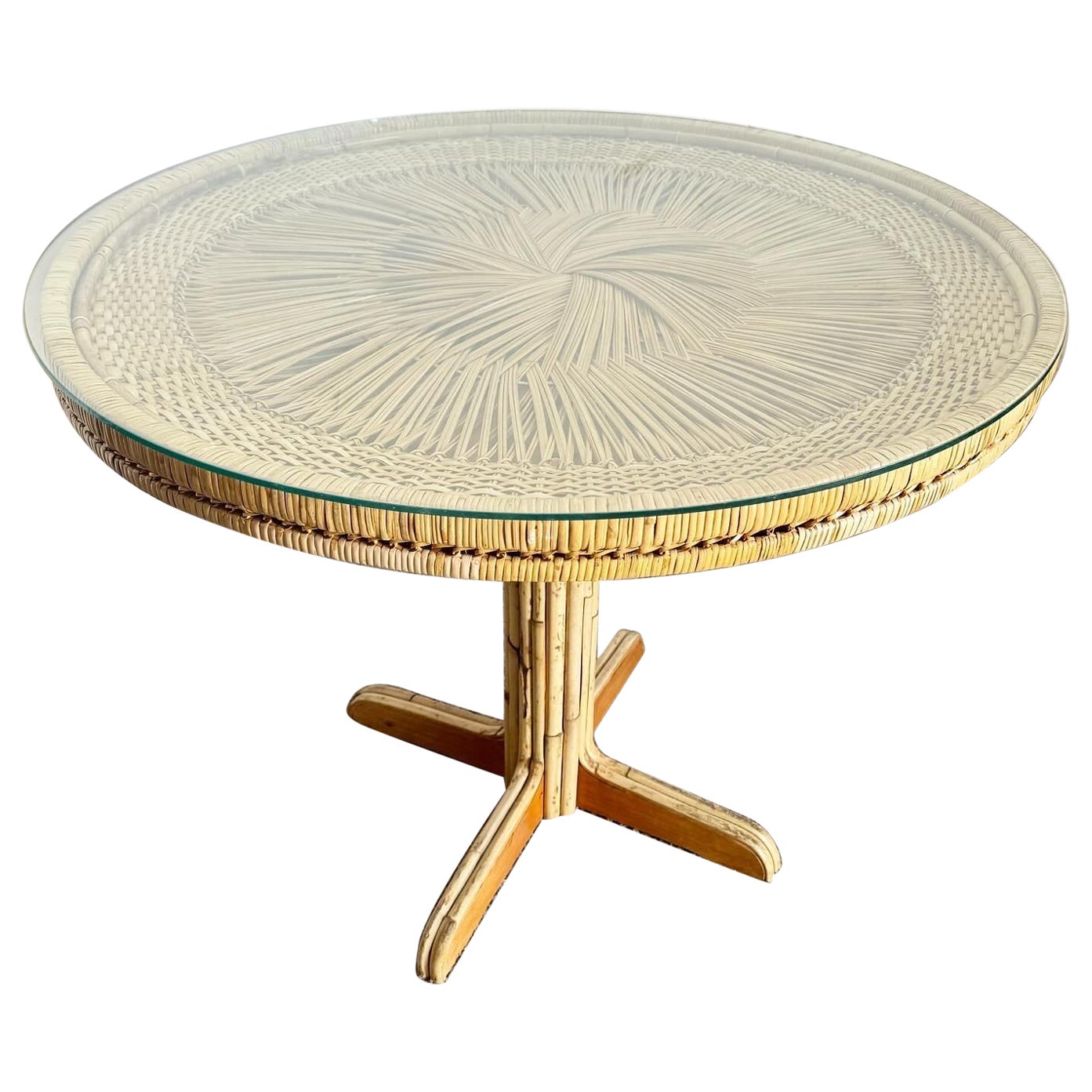 Boho Chic Buri Rattan Top Bamboo Glass Top Dining Table For Sale