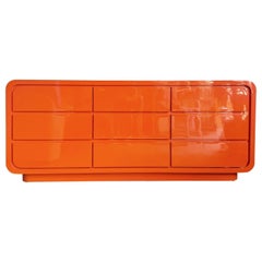 Retro Postmodern Orange Lacquer Laminate Waterfall Dresser - 9 Drawer
